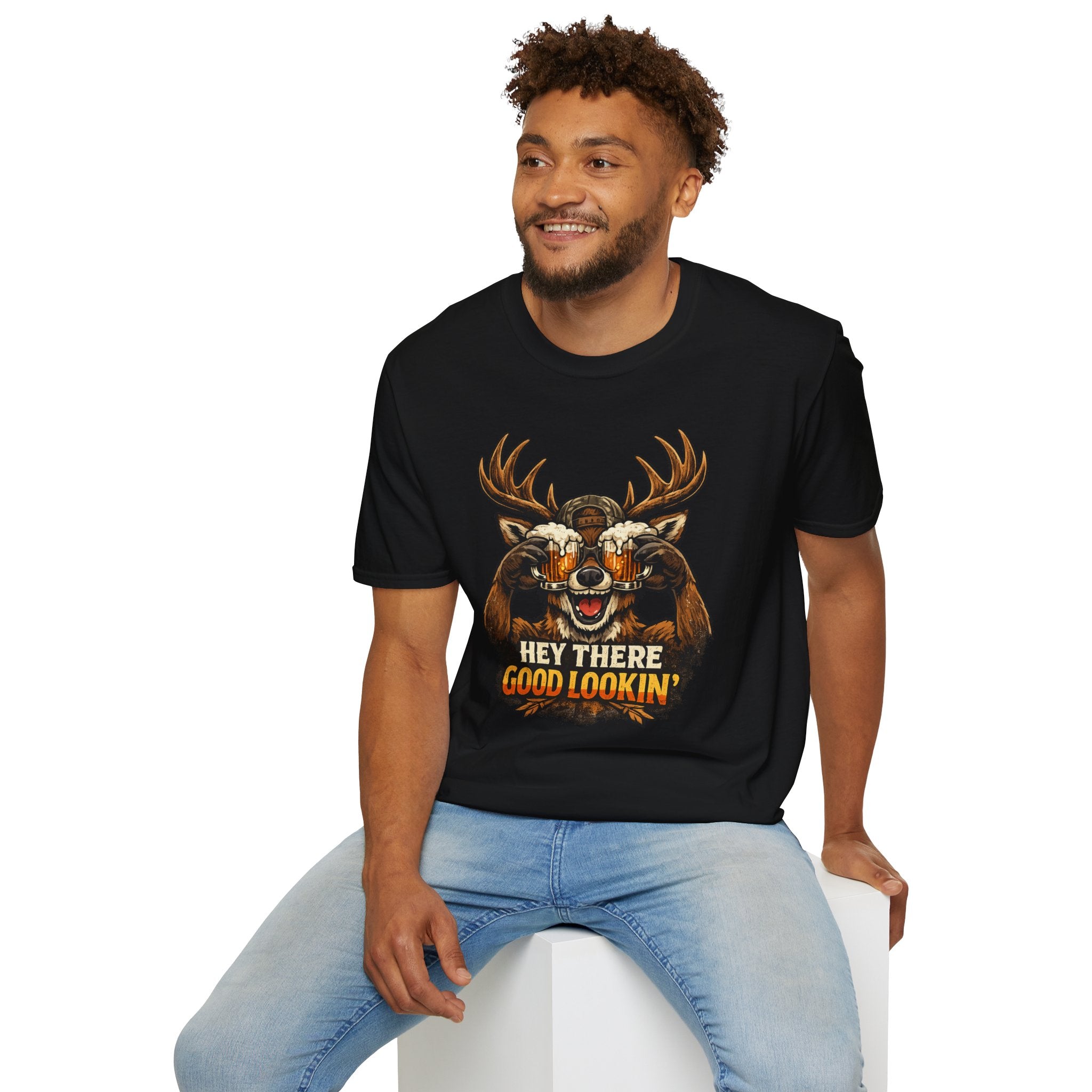 Funny Deer T-Shirt — 'Hey There Good Lookin'' Beer Goggles Graphic Tee