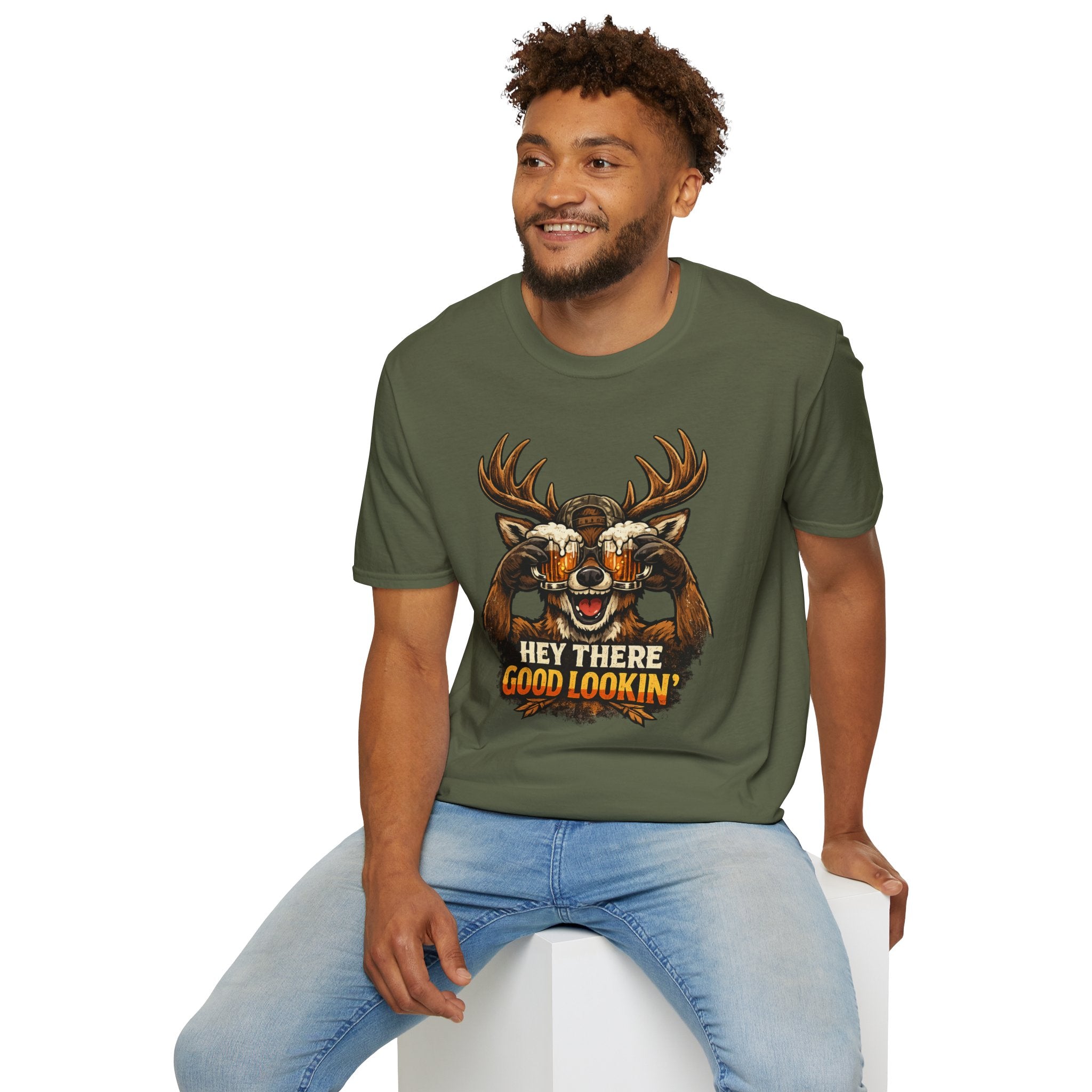 Funny Deer T-Shirt — 'Hey There Good Lookin'' Beer Goggles Graphic Tee